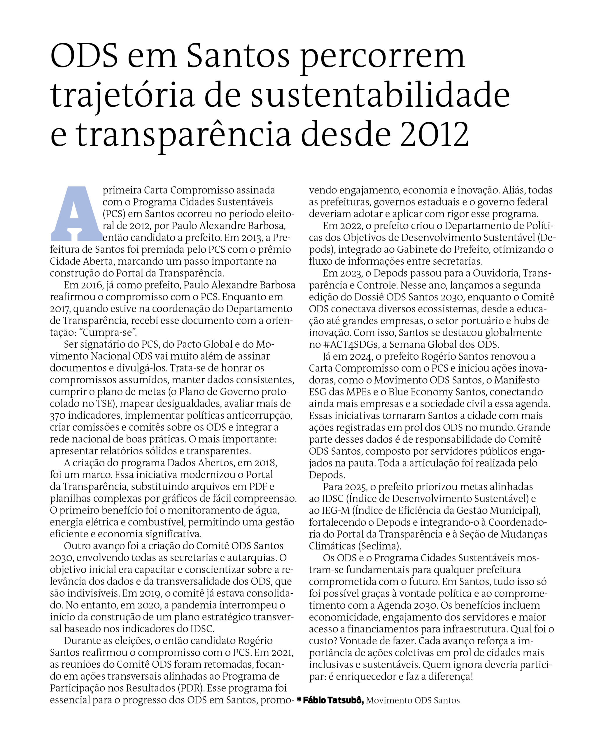 ODS em Santos percorrem trajetória de sustentabilidade e transparência desde 2012