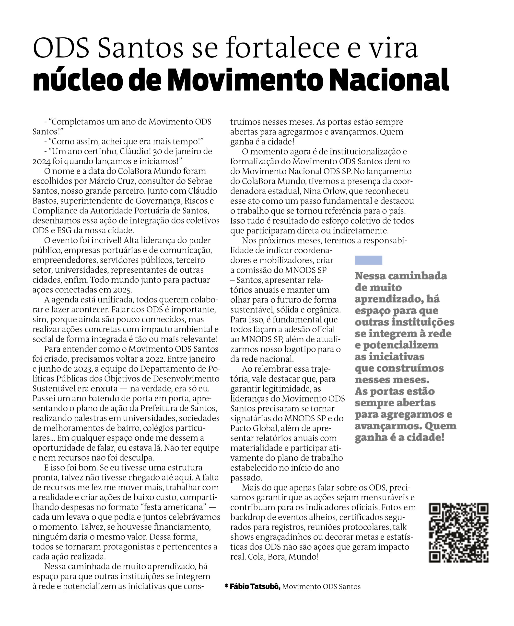 ODS Santos se fortalece e vira núcleo do Movimento Nacional ODS SP