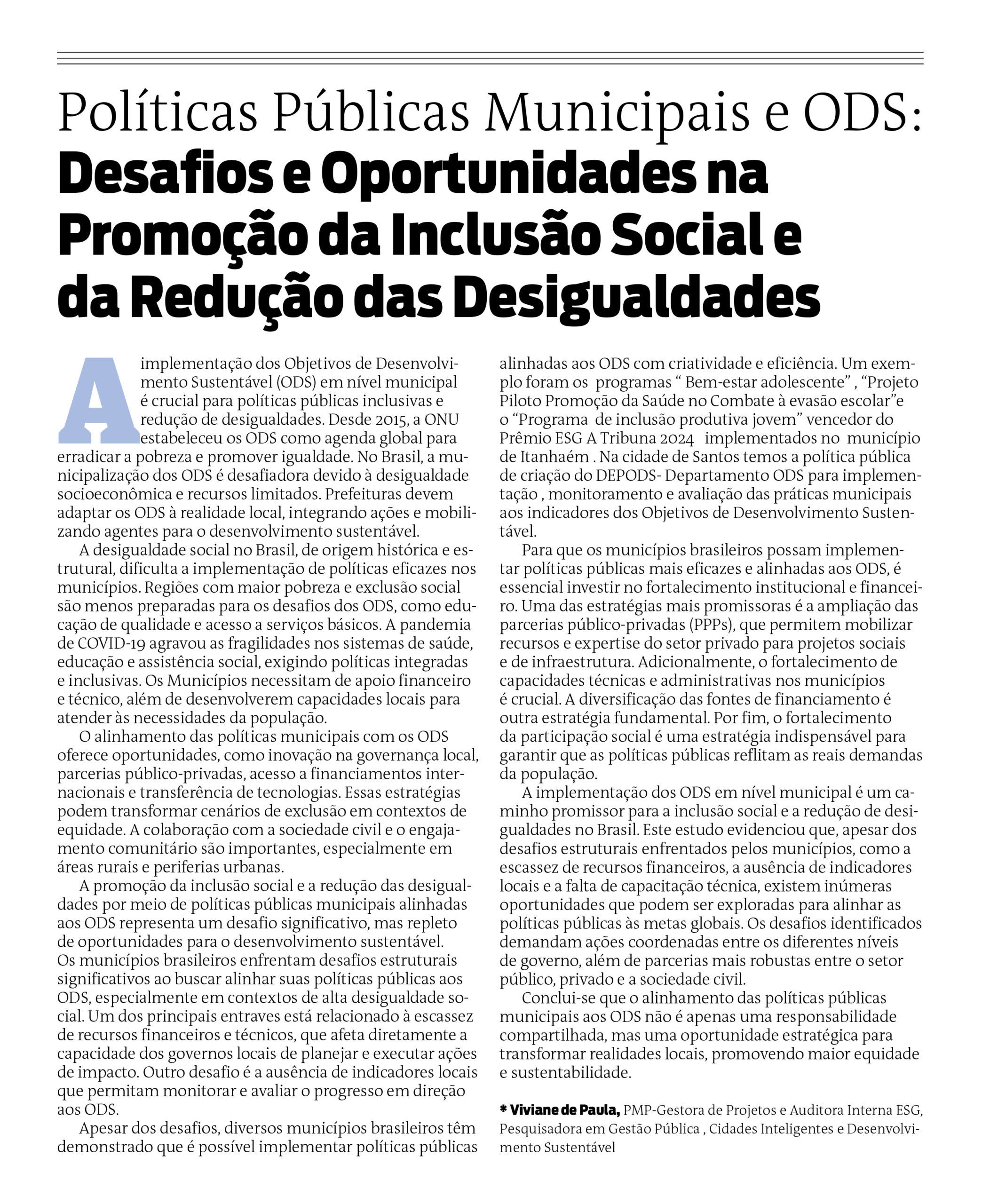 Políticas públicas municipais e os ODS: desafios e oportunidades na promoção da inclusão social e da redução das desigualdades