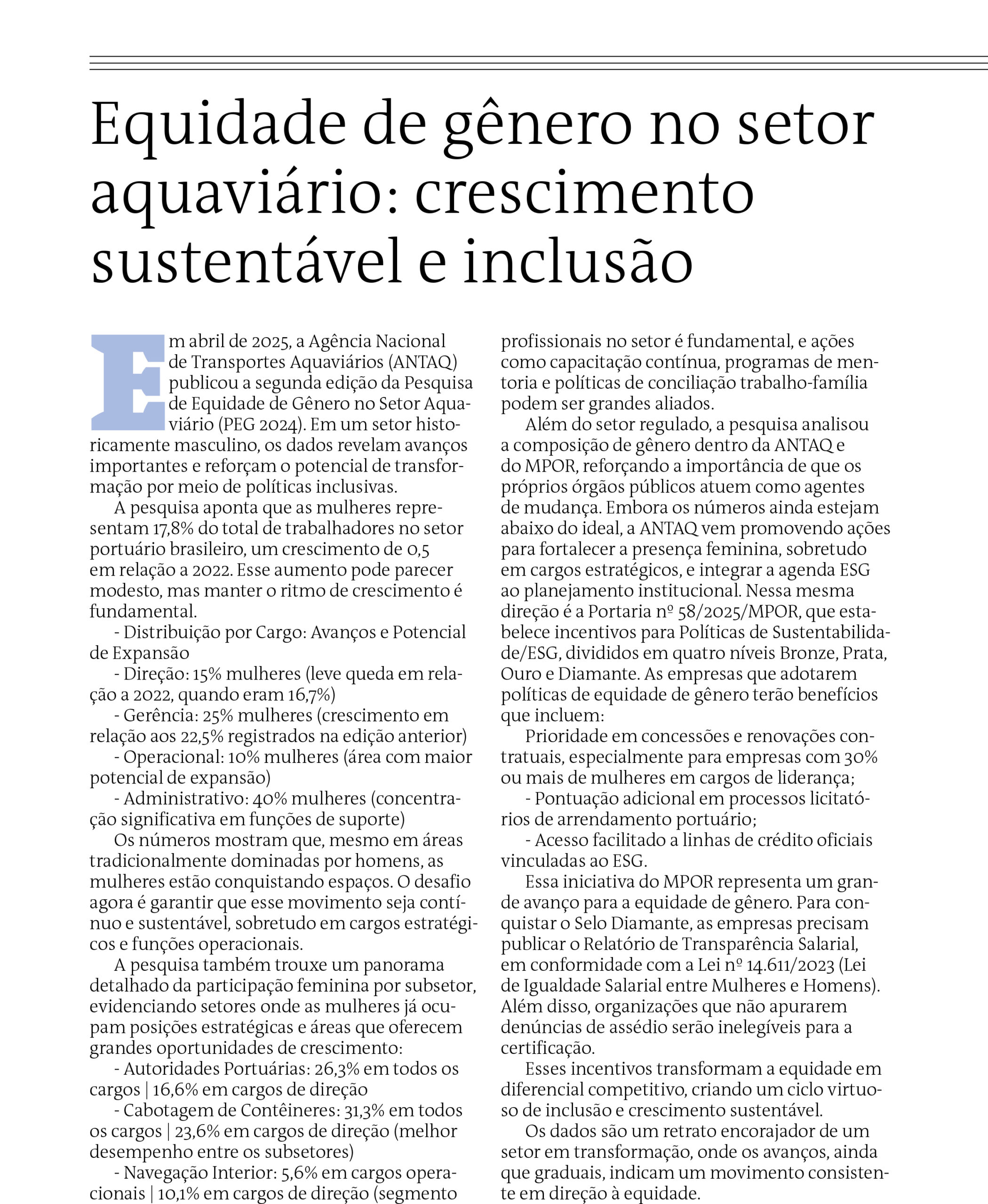Equidade de gênero no setor aquaviário: Crescimento sustentável e inclusão — Um caminho sem volta