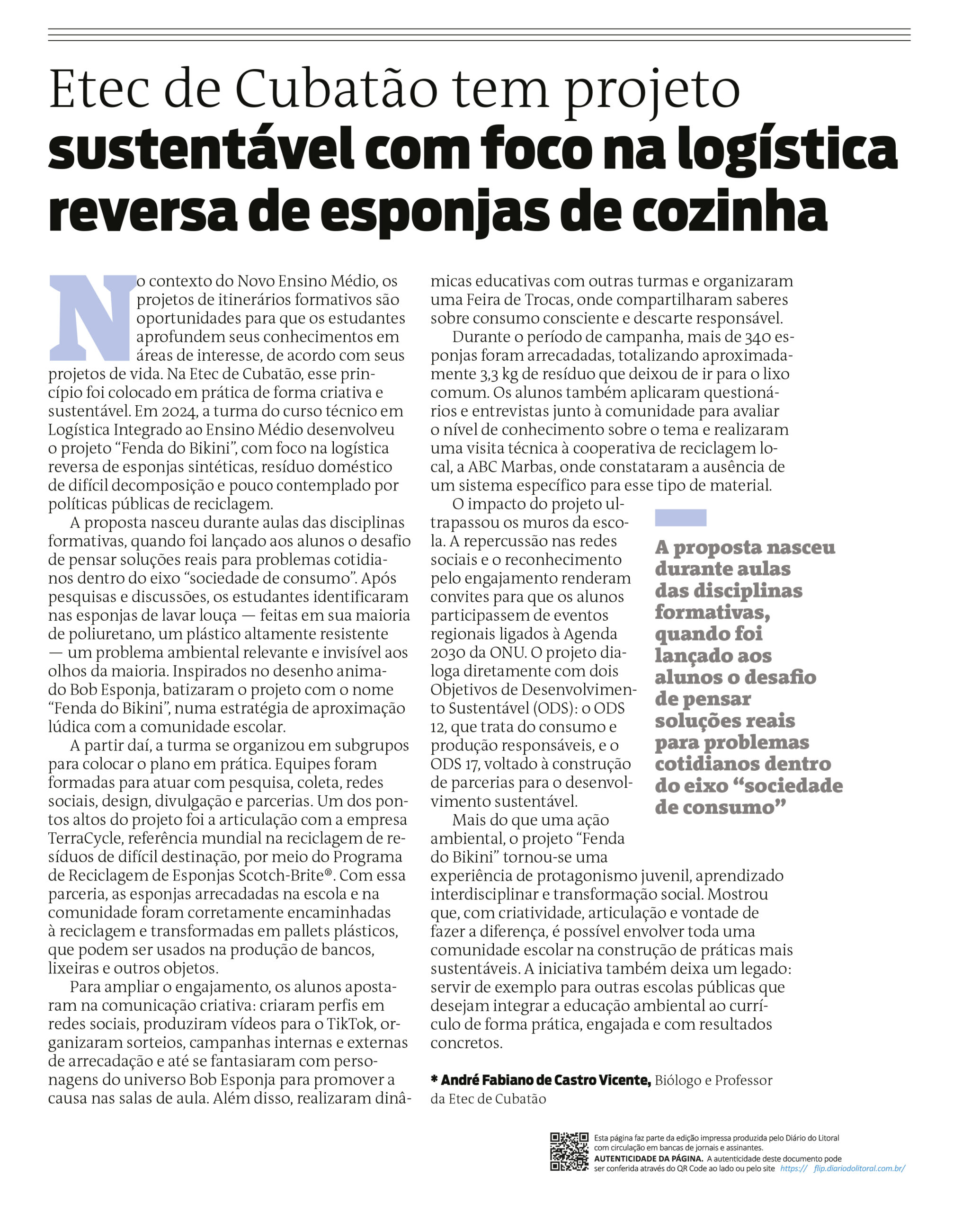 Estudantes da Etec de Cubatão desenvolvem projeto sustentável com foco na logística reversa de esponjas de cozinha