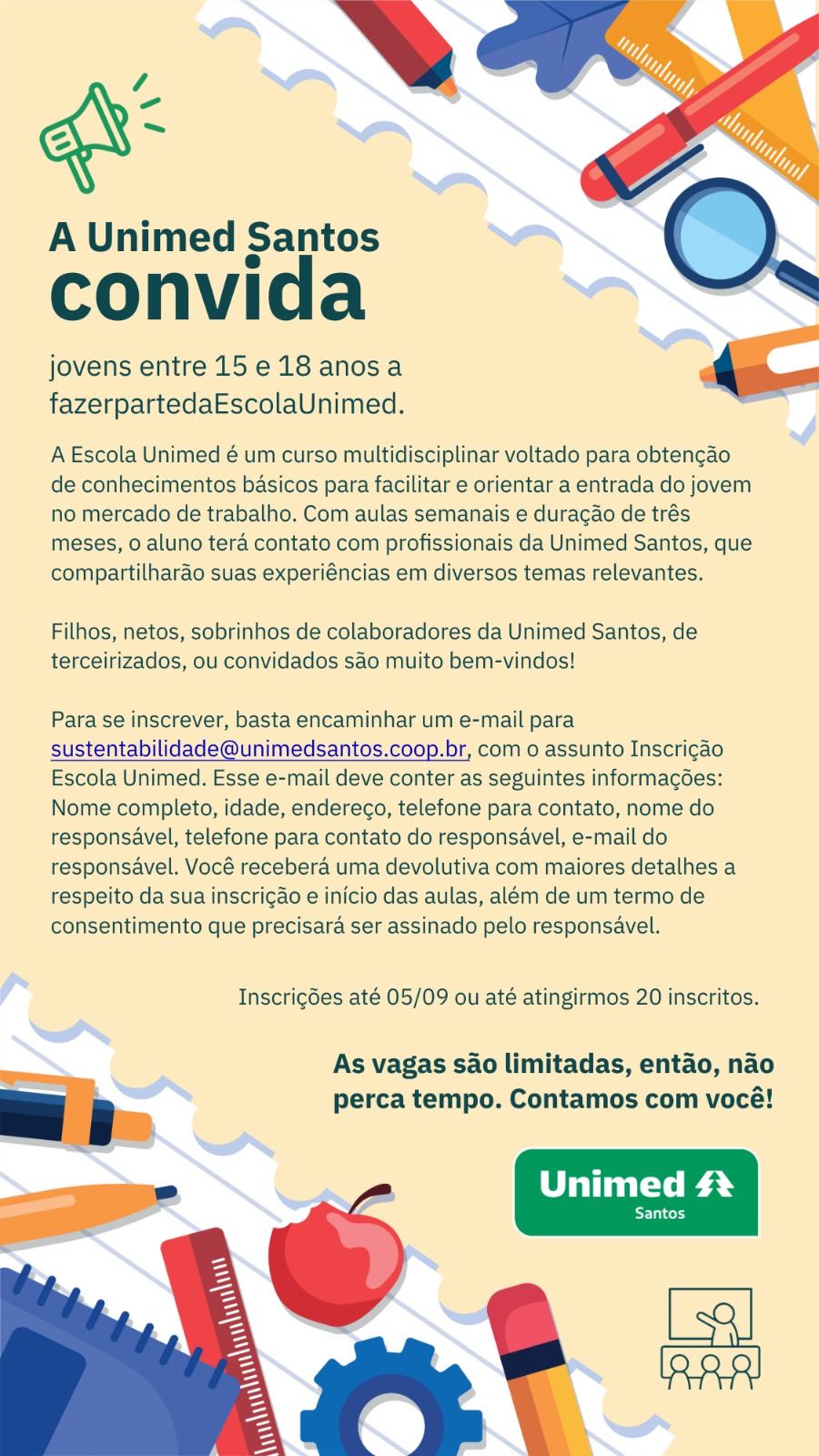 Projeto Escola Unimed abre inscrições até 5 de setembro
