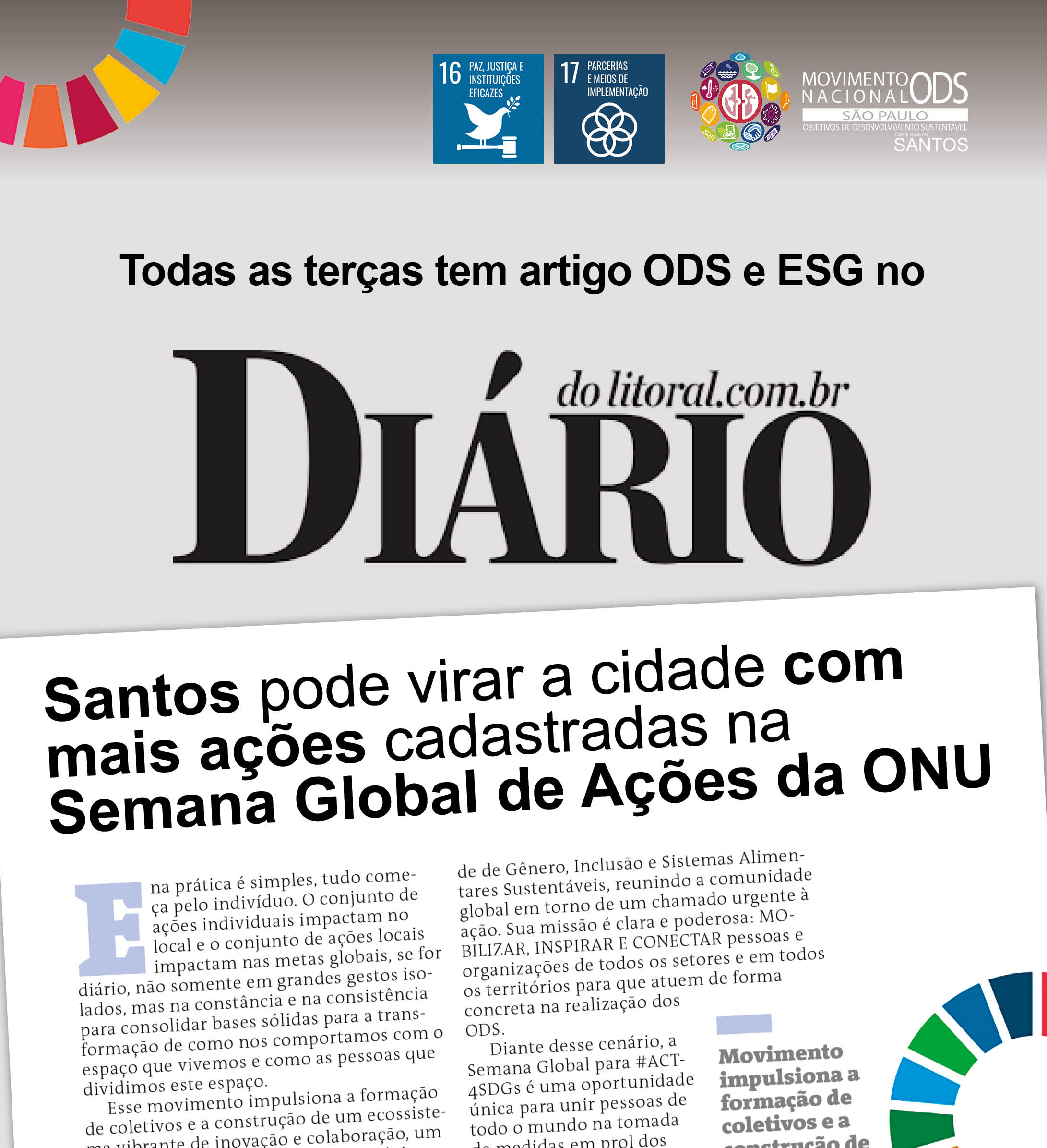 Santos pode se tornar a cidade com mais ações cadastradas na Semana Global de Ações da ONU 