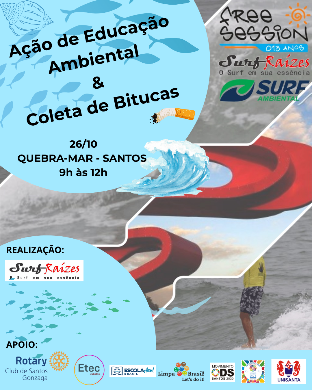 Projeto Surf Raízes e UNISANTA promovem ação de educação ambiental durante o Festival Free Session