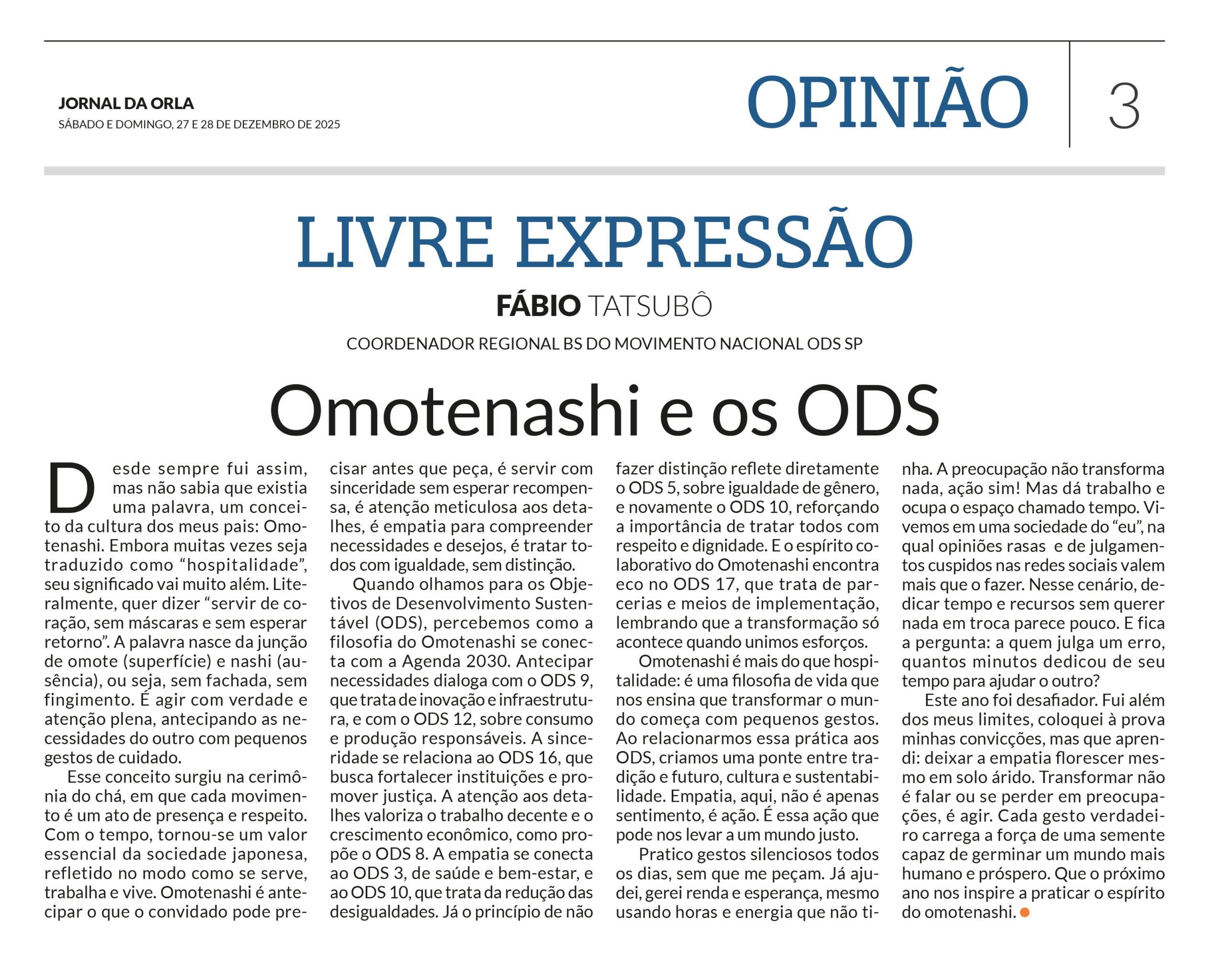 Artigo ODS no Jornal da Orla. Empatia para transformar o mundo: Omotenashi e os ODS
