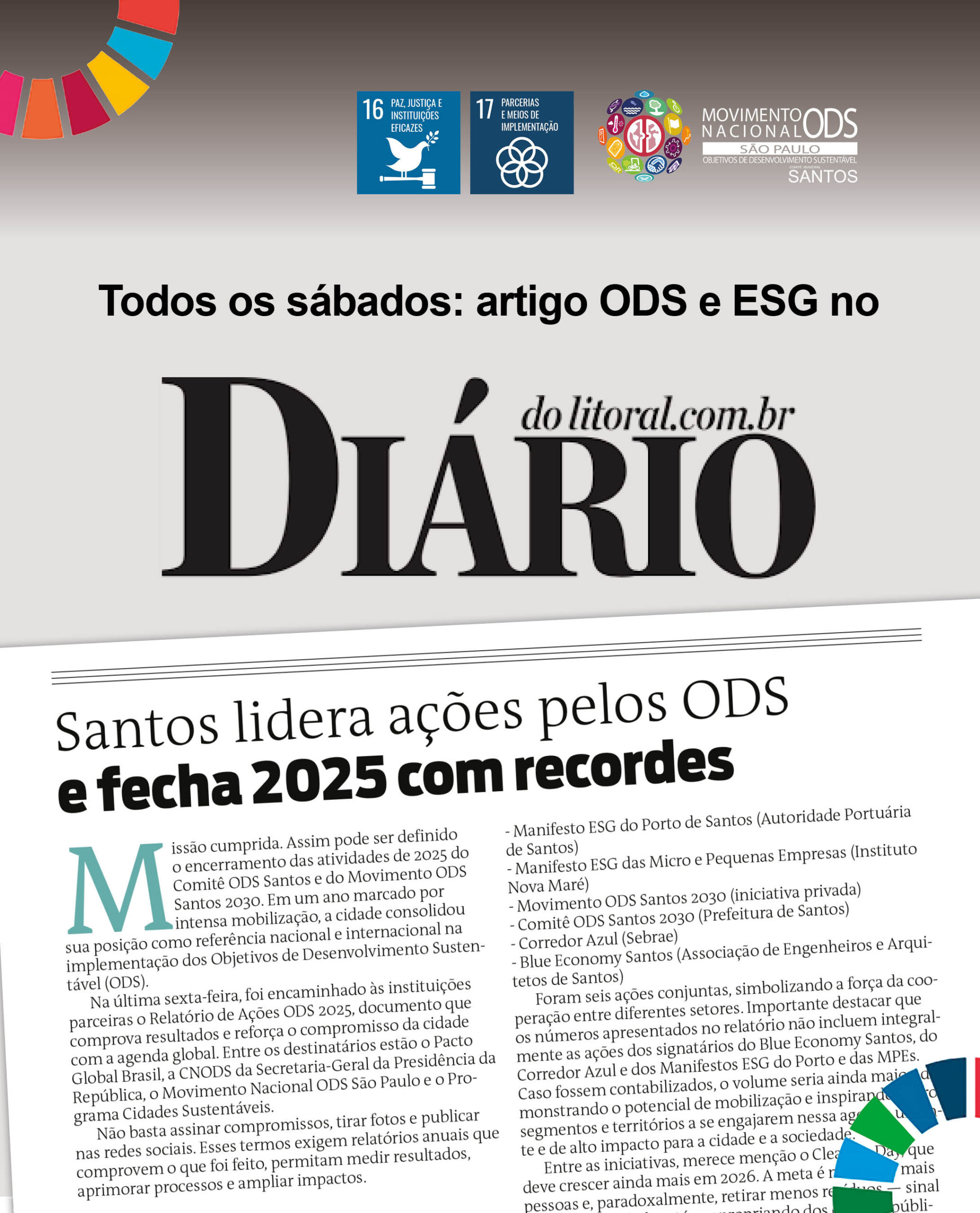 Artigo ODS no DL: Santos lidera ações pelos ODS e fecha 2025 com recordes