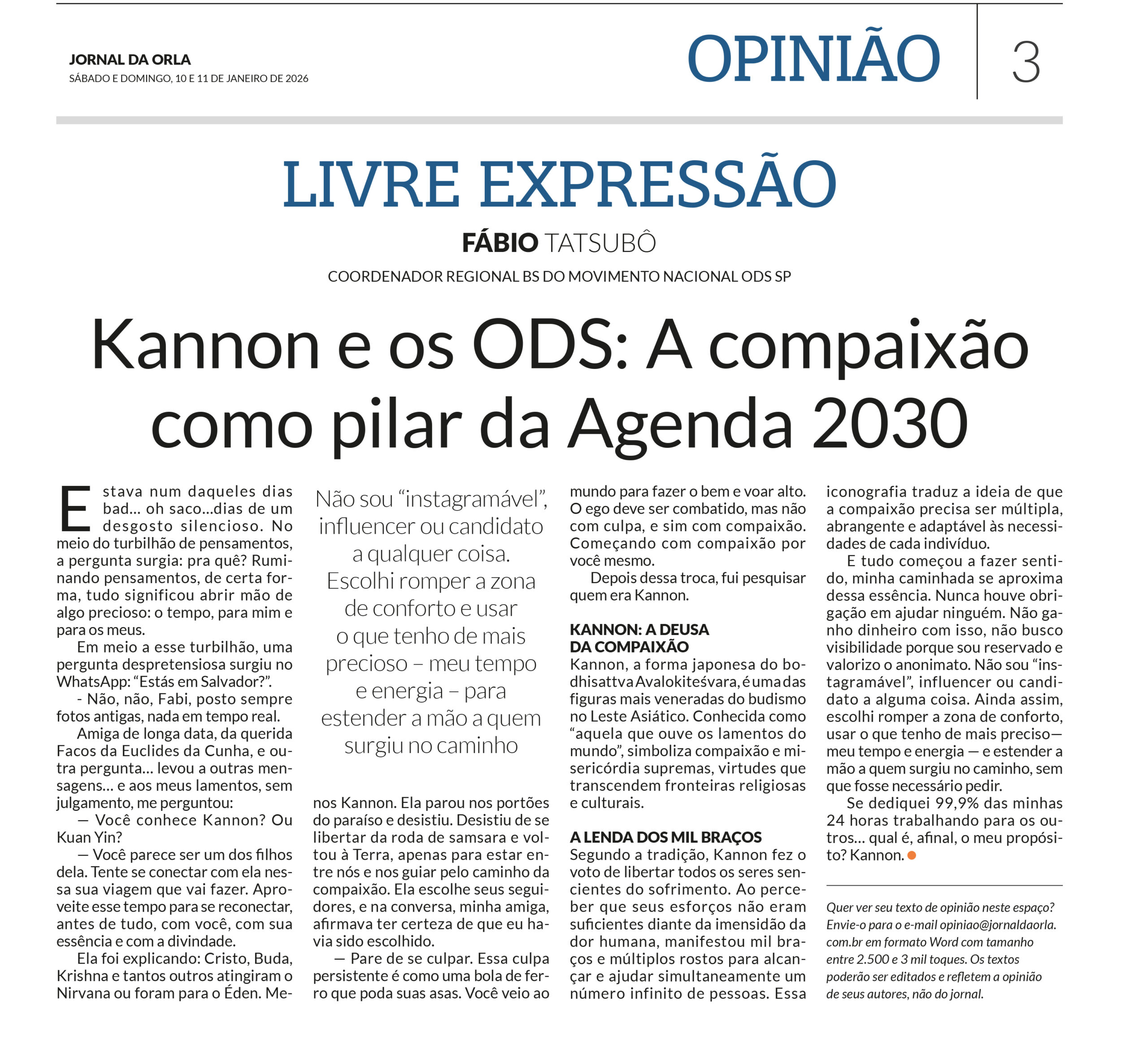 Artigo ODS no Jornal da Orla. Kannon e os ODS: A compaixão como pilar da Agenda 2030