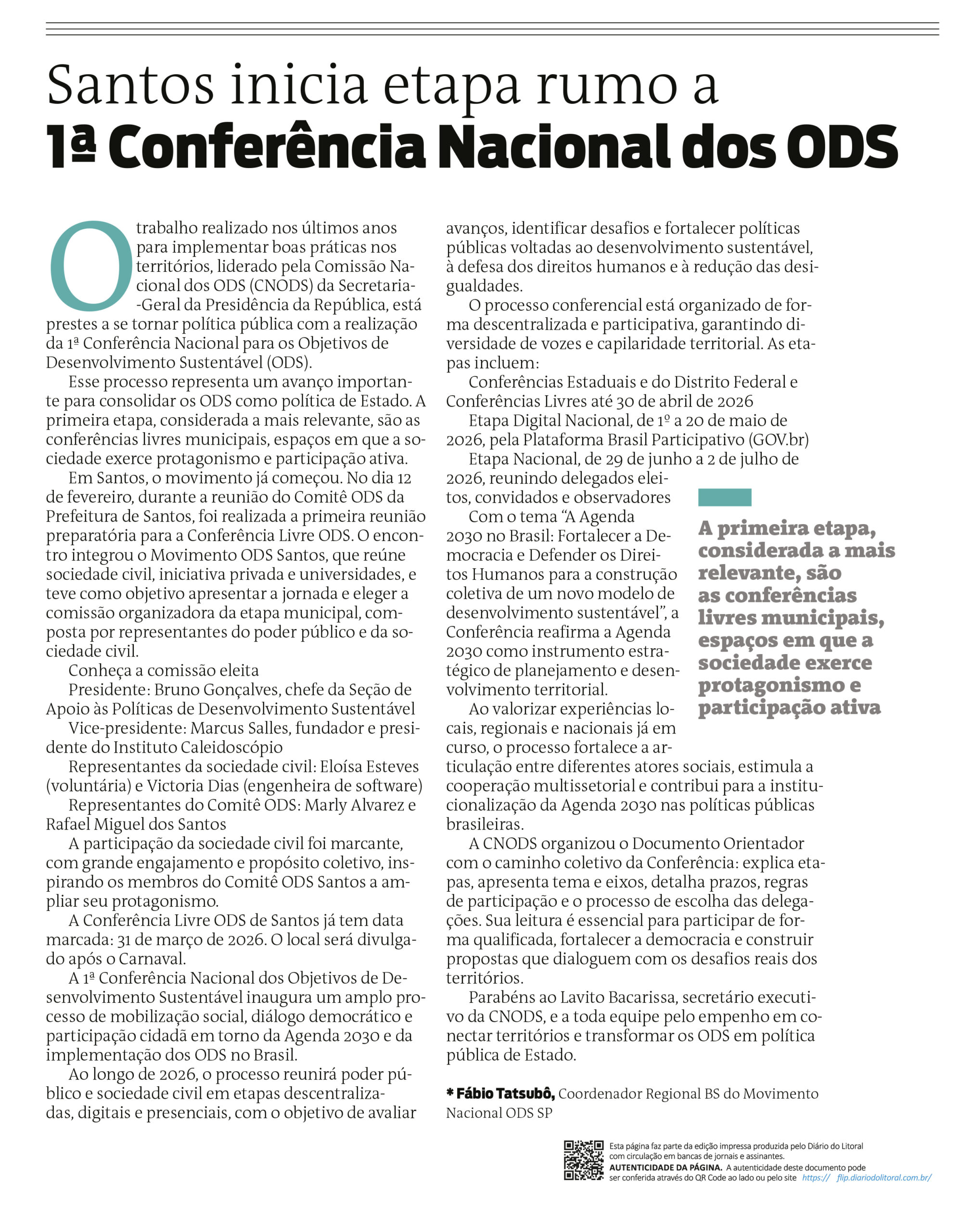 Artigo ODS no DL: Santos inicia etapa preparatória rumo a 1ª Conferência Nacional dos ODS